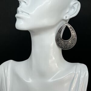 Silver-Tone Dangle Hook Earrings, 2" Long, 1.5" Wide